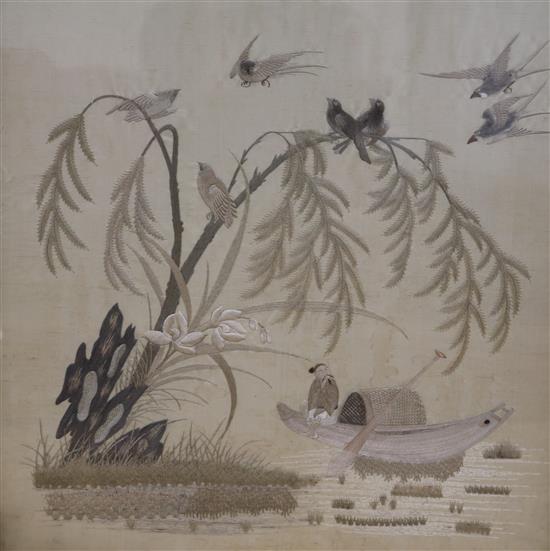 A Chinese embroidered silk panel in a firesceen, a/f